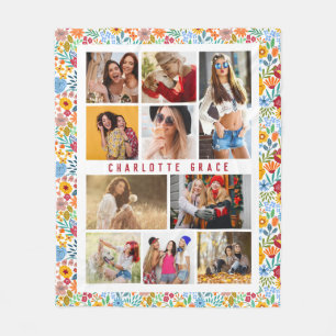 10 Photo Modern Trendy Floral Stylish Name Fleece Blanket