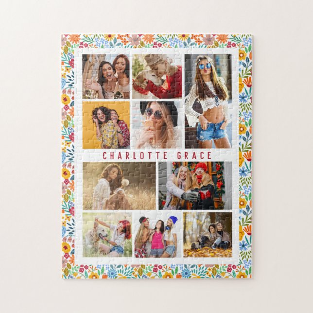 10 Photo Modern Trendy Floral Stylish Name Jigsaw Puzzle (Vertical)