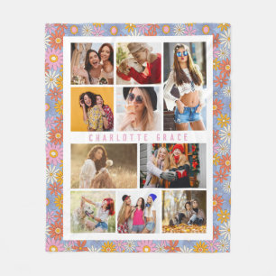 10 Photo Modern Trendy Hippie Floral Stylish Name Fleece Blanket