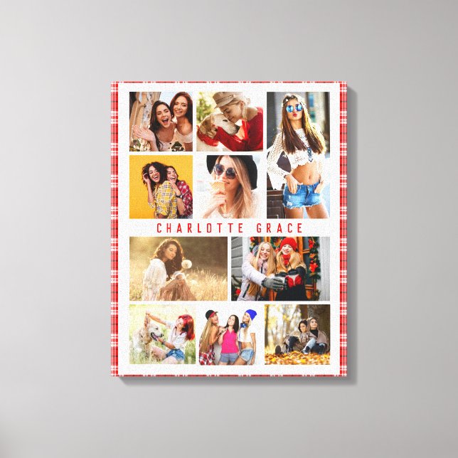 10 Photo Modern Trendy Red Plaid Stylish Name Canvas Print (Front)