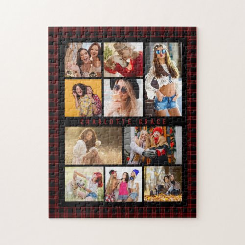 10 Photo Modern Trendy Red Plaid Stylish Name Jigsaw Puzzle