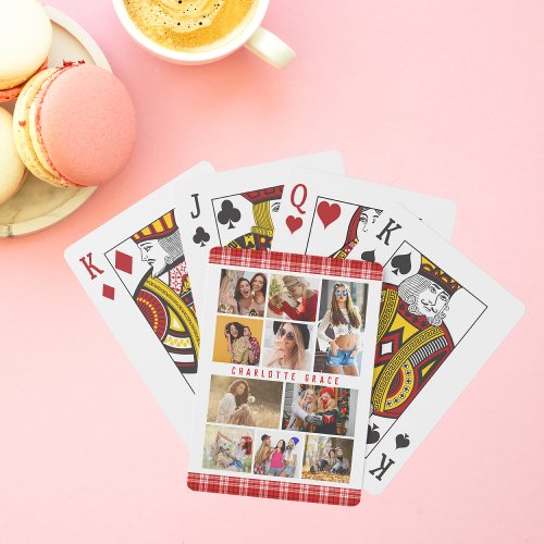 10 Photo Modern Trendy Red Plaid Stylish Name Poker Cards