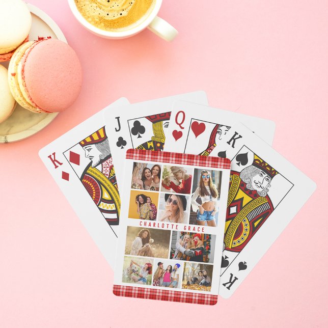 10 Photo Modern Trendy Red Plaid Stylish Name Poker Cards (Creator Uploaded)