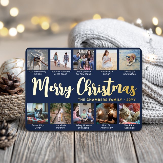 10 Photo Navy Blue Merry Christmas Modern Collage Foil Holiday Card (Creator Uploaded)