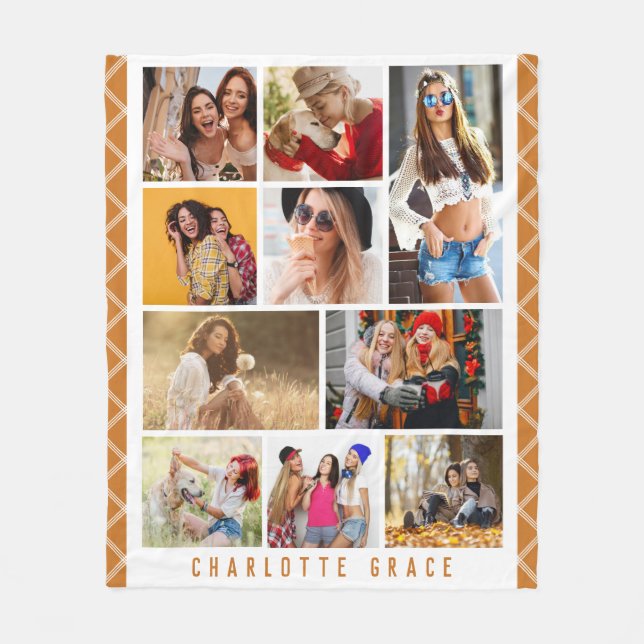 10 Photo Simple Modern Minimal Plaid Chic Name Fleece Blanket (Front)