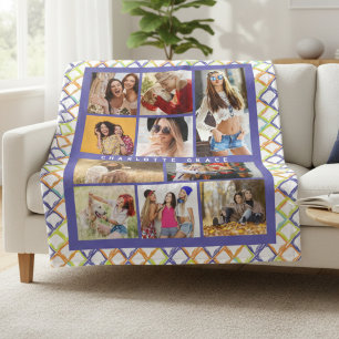 10 Photo Trendy Modern Colorful Geometric Name Fleece Blanket