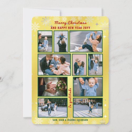 10 Photos Collage Cute Elegant Golden Personalized Holiday Card