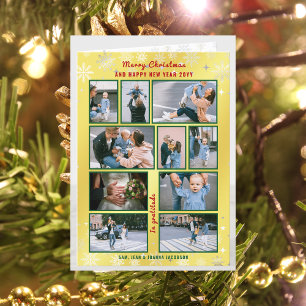10 Photos Collage Cute Elegant Golden Personalized Holiday Card