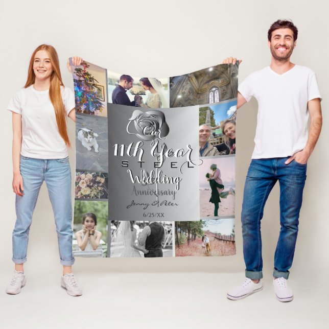 10 Photos with 11th Anniversary Steel Rose  Fleece Blanket (In Situ)