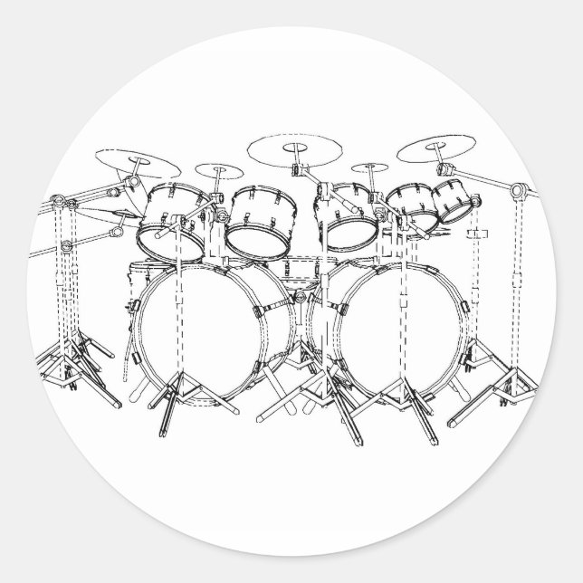 10 Piece Drum Kit: Black & White Drawing: Classic Round Sticker (Front)
