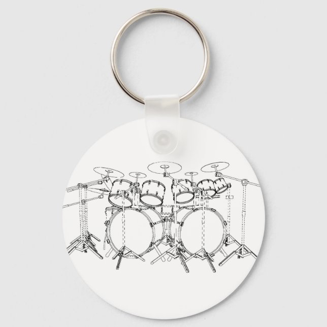 10 Piece Drum Kit: Black & White Drawing: Keychain (Front)