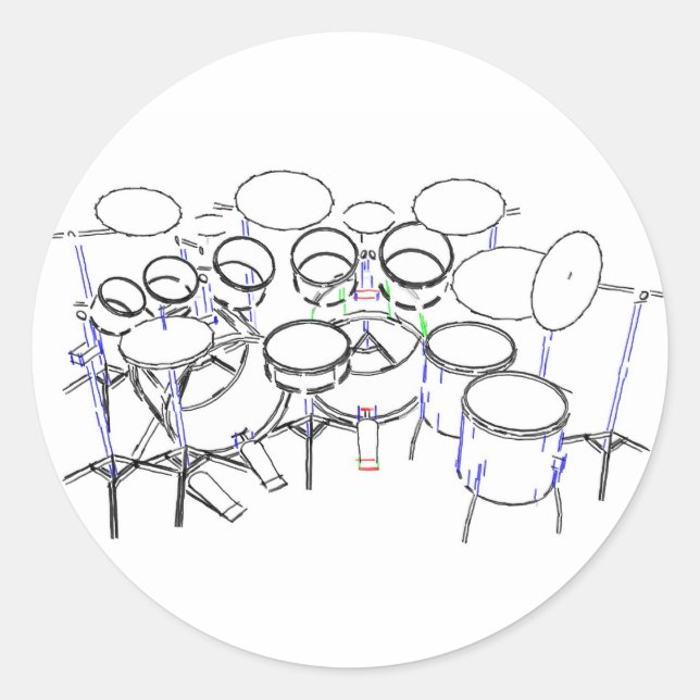 10 Piece Drum Kit: Marker Drawing: Classic Round Sticker (Front)