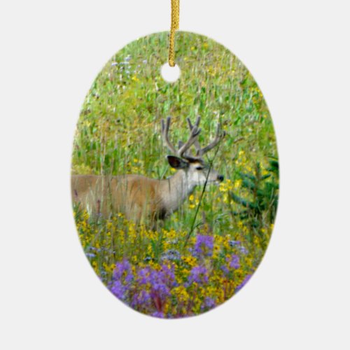 10 Point velvet buck in a field of wildflowers Ceramic Ornament