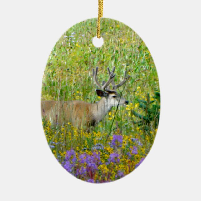 10 Point velvet buck in a field of wildflowers Ceramic Ornament (Front)