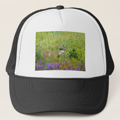 10 Point velvet buck in a field of wildflowers Trucker Hat
