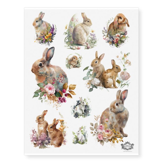 10 pretty watercolour Bunnies with flowers Temporary Tattoos (Front)