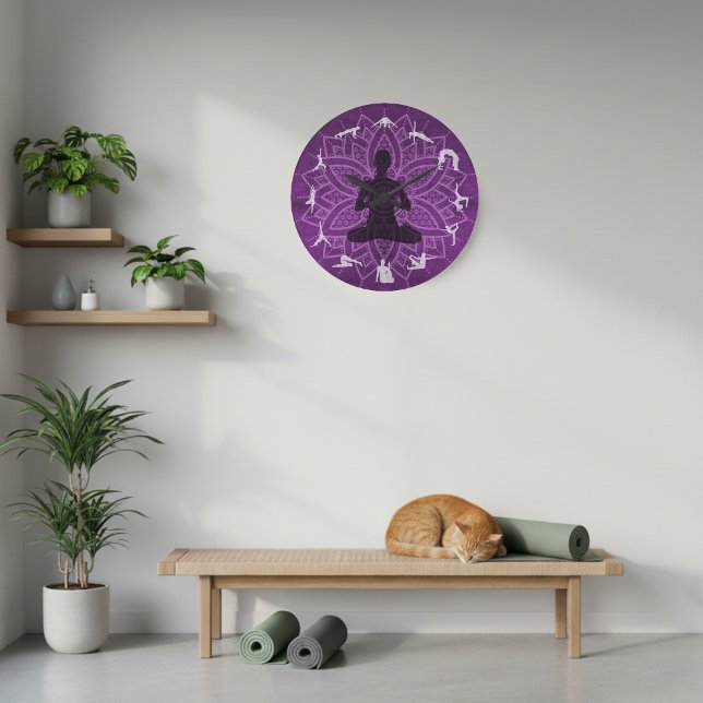 10" Purple Mandala with Yoga Poses Wall Clock (Purple wall clock with yoga poses.)