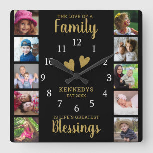 10 Square Photo Collage Family Quote Black Gold Square Wall Clock