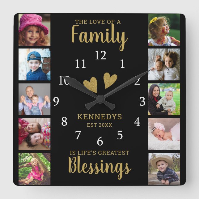 10 Square Photo Collage Family Quote Black Gold Square Wall Clock (Front)