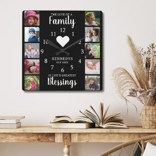 10 Square Photo Collage Family Quote Black White Square Wall Clock