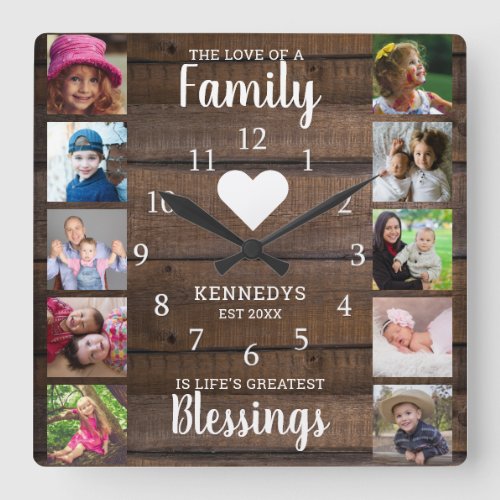 10 Square Photo Collage Family Quote Dark Wood  Square Wall Clock