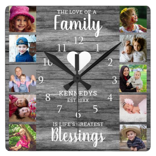 10 Square Photo Collage Family Quote Gray Wood Square Wall Clock