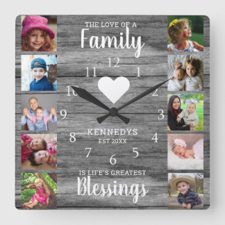 10 Square Photo Collage Family Quote Gray Wood Square Wall Clock