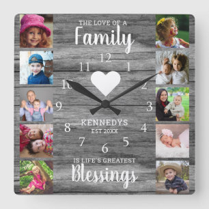 10 Square Photo Collage Family Quote Gray Wood Wall Clock