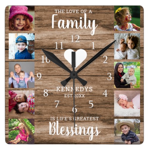 10 Square Photo Collage Family Quote Rustic Wood Square Wall Clock
