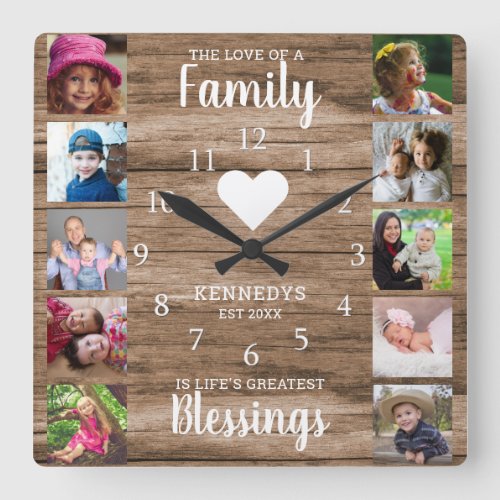 10 Square Photo Collage Family Quote Rustic Wood Square Wall Clock