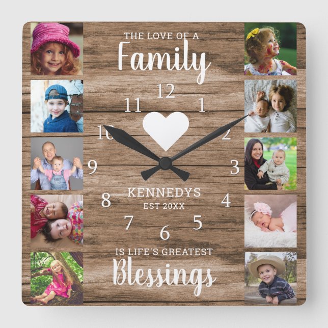 10 Square Photo Collage Family Quote Rustic Wood Square Wall Clock (Front)