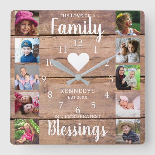10 Square Photo Collage Family Quote Rustic Wood   Square Wall Clock