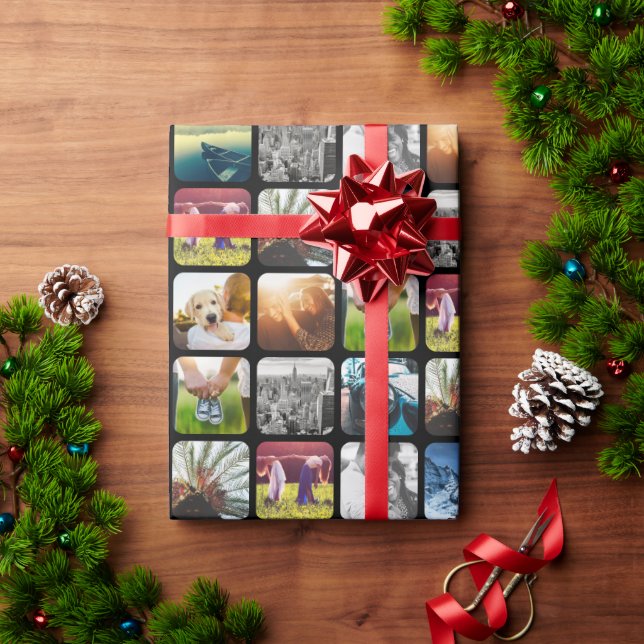 10 Square Photo Grid Template Rounded Black Frame Wrapping Paper (Holiday Gift)