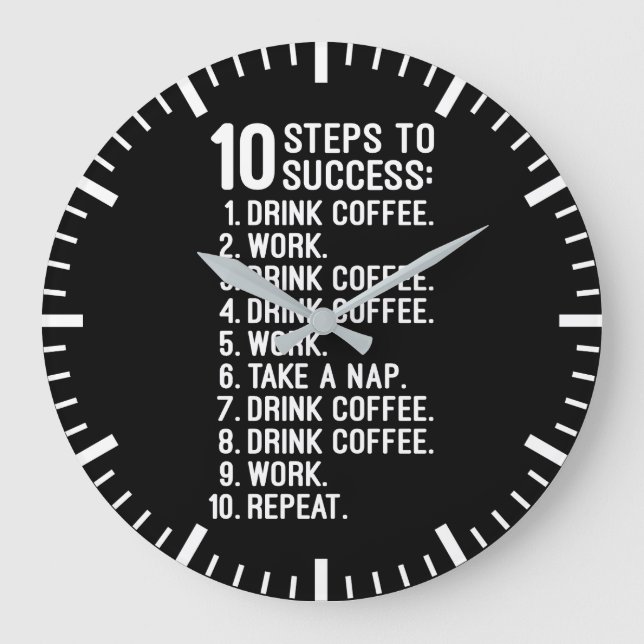 10 Steps to Success – Coffee, Work, Repeat Funny Large Clock (Front)