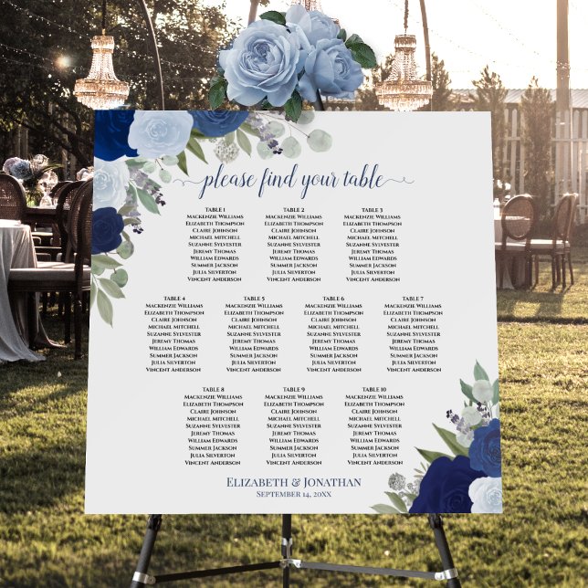 10 Table Blue Boho Floral Wedding Seating Chart Foam Board (In Situ on Stand with Flowers)