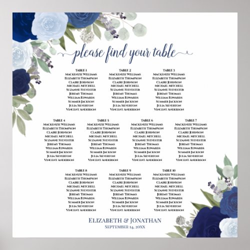 10 Table Blue Roses Elegant Wedding Seating Chart
