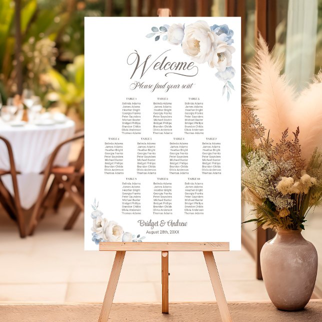 10 Table Blue White Floral Wedding Seating Chart Foam Board (Creator Uploaded)