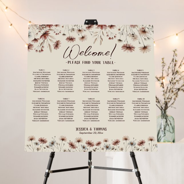 10 Table Boho Wildflowers Wedding Seating Chart Foam Board (In Situ (Stand))