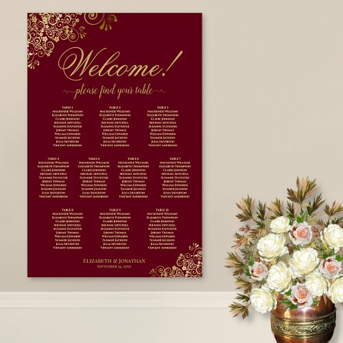 10 Table Burgundy  Gold Welcome Seating Chart