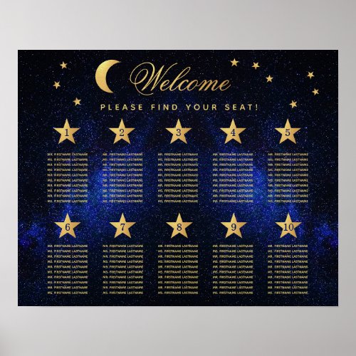 10 Table Celestial Wedding Blue Gold Seating Chart