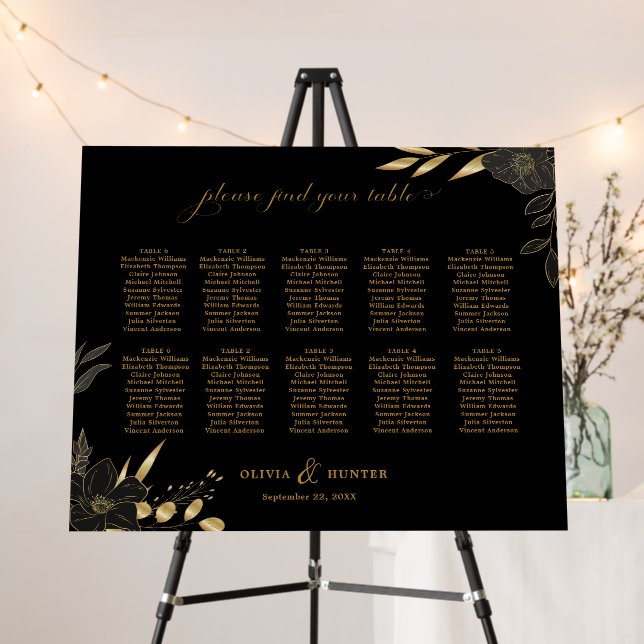 10 Table Chic Gold & Black Wedding Seating Chart  Foam Board (In Situ (Stand))