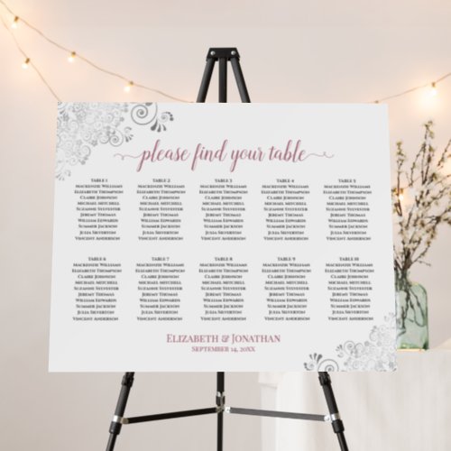 10 Table Chic Silver  Rose on White Seating Chart Foam Board