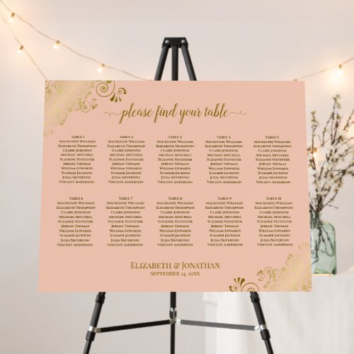 10 Table Coral Peach & Gold Wedding Seating Chart Foam Board