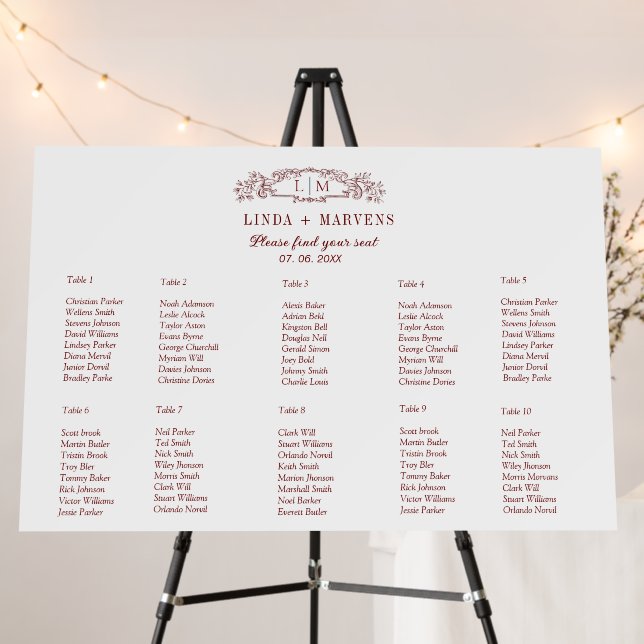 10 Table Elegant  Crest wedding seating chart Foam Board (In Situ (Stand))