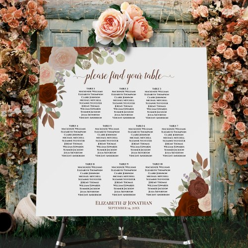 10 Table Elegant Rust Floral Wedding Seating Chart Foam Board