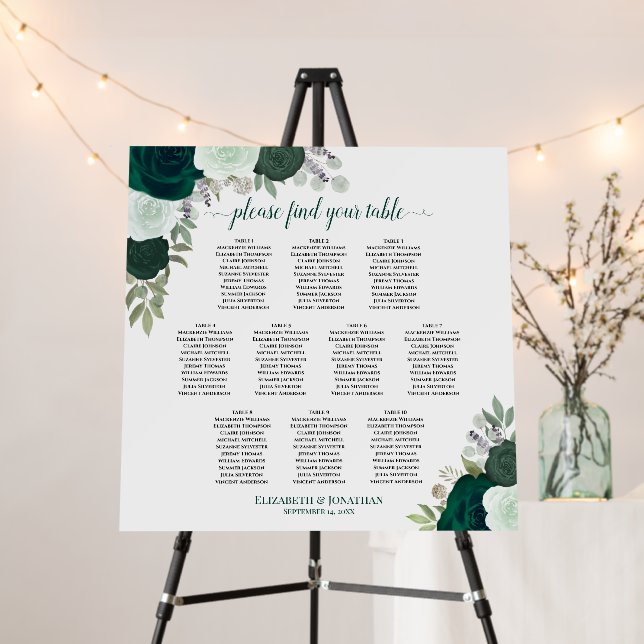 10 Table Emerald Green Boho Wedding Seating Chart Foam Board (In Situ (Stand))