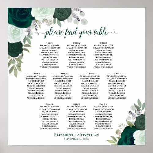 10 Table Emerald Green Roses Wedding Seating Chart