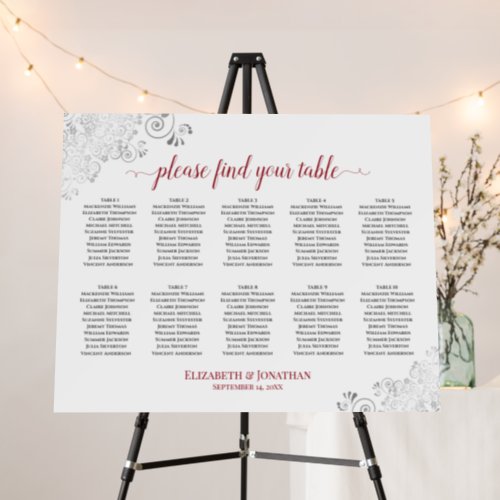 10 Table Fancy Silver  Red on White Seating Chart Foam Board