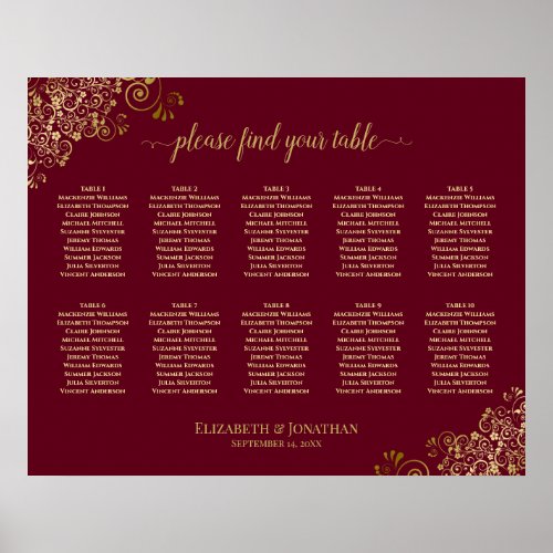 10 Table Gold Frills on Burgundy Elegant Wedding Poster