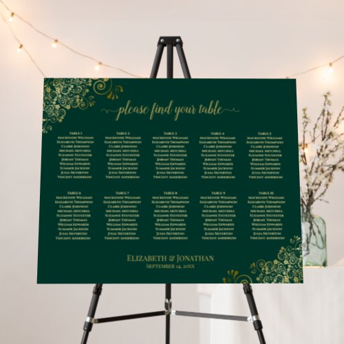 10 Table Gold Frills Wedding Seating Chart Emerald Foam Board